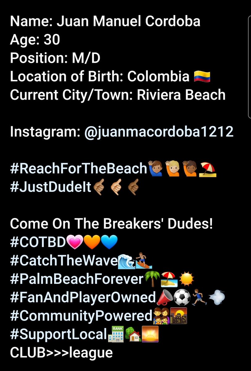 TheBreakersAFC's tweet photo. MEET YOUR BREAKERS DUDES SERIES...

Sponsors: #KGADesign @MarketableSport @DajCentral @DAJ_Group @DAJ_Logistics @Melvie_Express @LeAkeMoves

@PBPSports @ESPNWestPalm @Deportes760 @WPTV @CBS12 @WPBF25News @FOX29WFLX @KLV1063 @TheoDorseyTV @JoshOnAir @TheKeliFerguson @TyreeSmithTV https://t.co/Ju46Wb1cAB