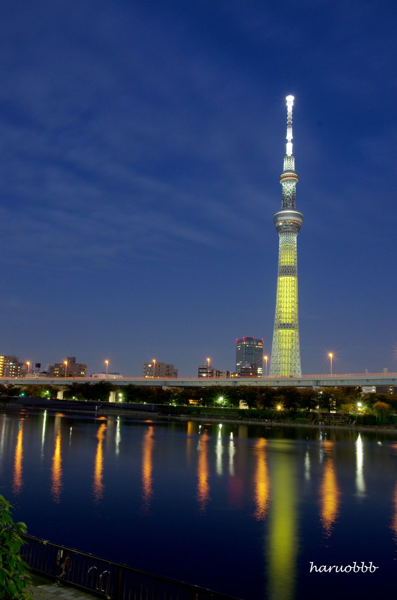 東京スカイツリーを撮影してみた。 夜景がとっても綺麗に染まっていた。 あまり見かけない、スカイツリーも 黄色一緒になっていた。 水面にも反射して色を作り出す。 今日も違った色でお出迎えしてくれているだろう。