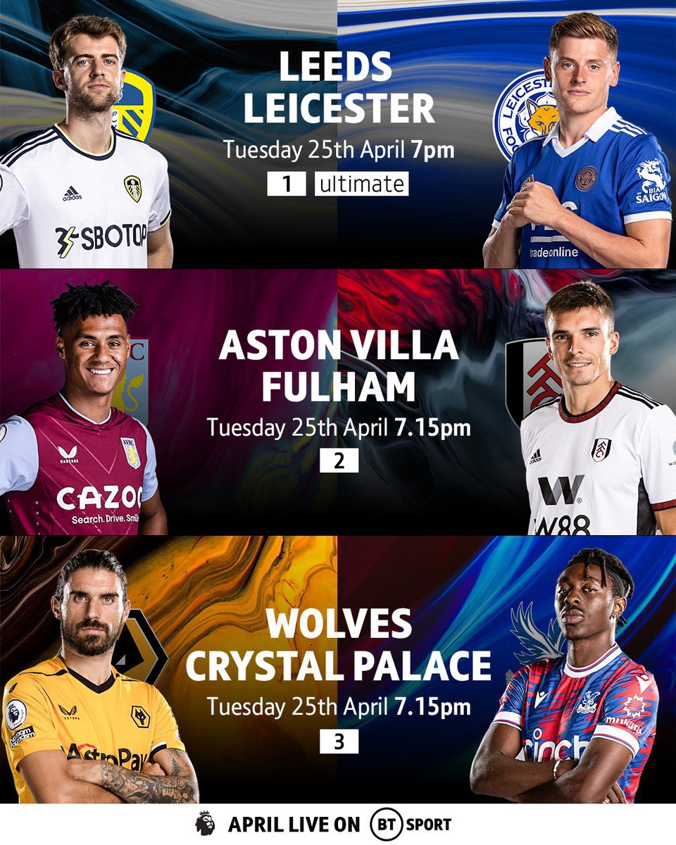 Afternoon, hope everyone is enjoying the sunshine!

Just a reminder that we have Leeds vs Leicester live in the pub tonight on BT Sport! As you can see from the poster other games are available…😉