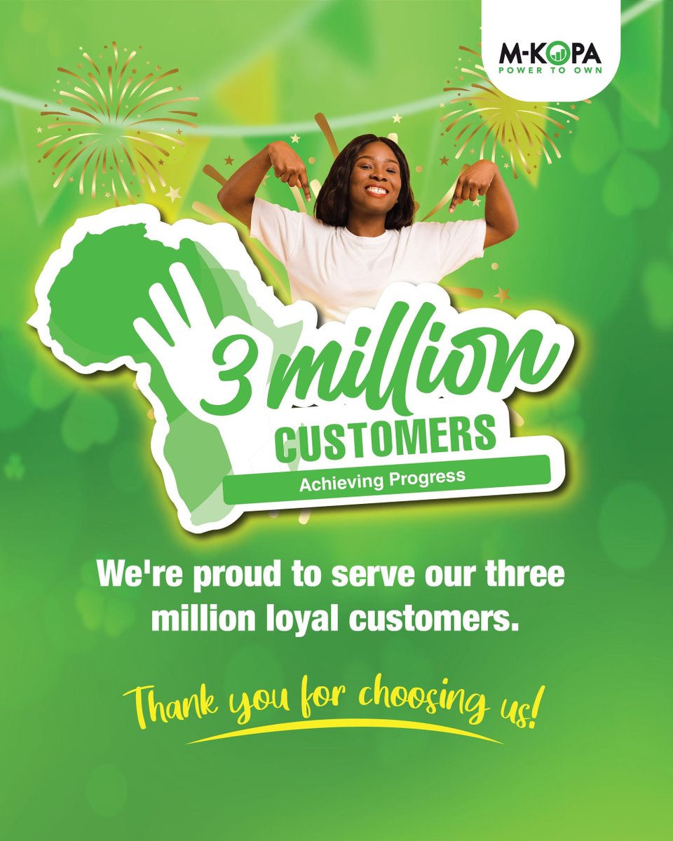 Babajiide's tweet photo. Exciting news! We've just reached a huge milestone - over 3 million customers across our markets in #Kenya, #Ghana, #Nigeria, and #Uganda.
Thank you for being a part of our journey!
#MKOPA #PowerToOwn #3MillionStrong