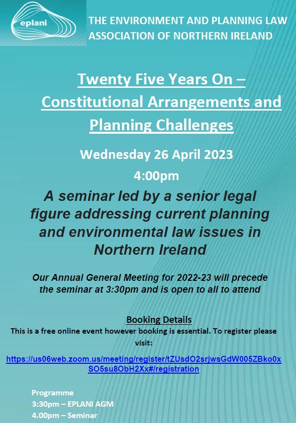 Some spaces still available for our seminar 'Twenty Five Years On - Constitutional Arrangements and Planning Challenges' tomorrow.

****Please note time change of 4pm with our AGM preceding the seminar at 3.30pm****

Register here: 

us06web.zoom.us/webinar/regist…