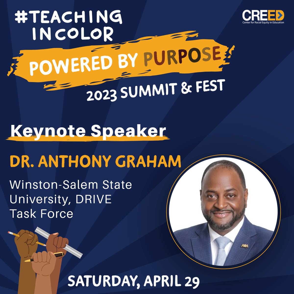 TeachInColorNC's tweet image. We can’t wait to hear from our #TeachinginColor Summit keynote speaker Dr. Anthony Graham! 

Learn more about Dr. Graham and secure your spot for the 2023 #TeachinginColor Powered by Purpose Summit &amp;amp; Fest ⤵️
creed-nc.org/teachingincolo…

@WSSURAMS | @DrAntGraham