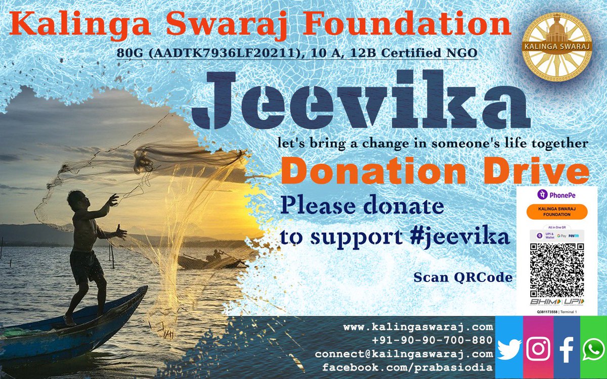 KalingaSwaraj's tweet photo. Be a part of the project #Jeevika 🙏 where we r currently supporting few deprived and poor fishermen. Their #livelihood depends on fishing. But for their fate, that they are not even equipped with proper fishing net🐟 🎣 🥅
#kalingaswaraj #Odisha #fisherman #PrabasiOdia #KSWW https://t.co/3SIY9M10tI