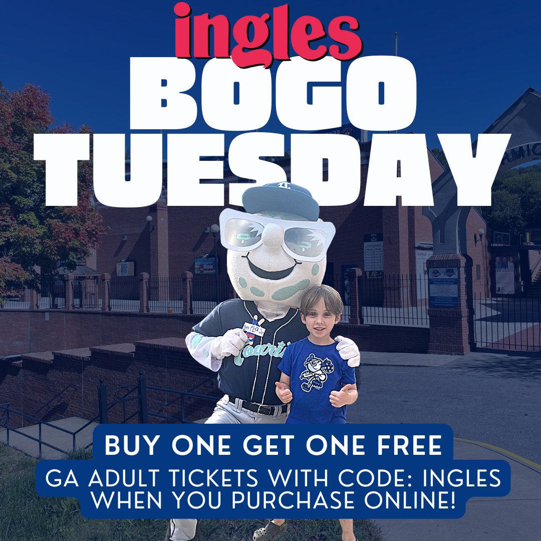 Asheville Tourists on X: Buy one 🎟, get one 🎟 Happy game day! It's Ingles  BOGO Tuesday. When you purchase one GA ticket online, you get one free when  you use the