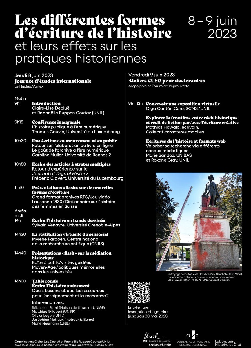 GrandjeanMartin's tweet photo. "Les différentes formes d'écriture de l'histoire et leurs effets sur les pratiques historiennes", 8 juin 2023, journée d'études @unil organisée par @RuppenR et Claire-Lise Debluë, avec @thomascauvin, @caro_ligne, Frédéric Clavert, @mylene_pardoen, etc. (https://t.co/63h1eTiyfm) https://t.co/2WBn1wcQBy
