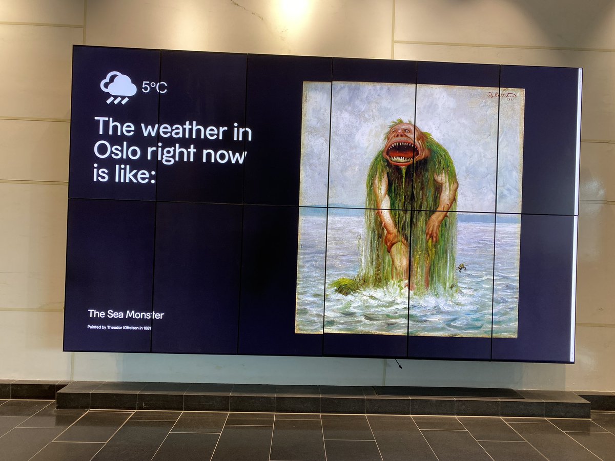 melissaterras's tweet photo. A snowy, late arrival to Oslo airport ❄️🌨️❄️, with many flights cancelled. But @nasjonalmuseet have us covered with the art-related weather forecast! https://t.co/BhBxFWlo8A