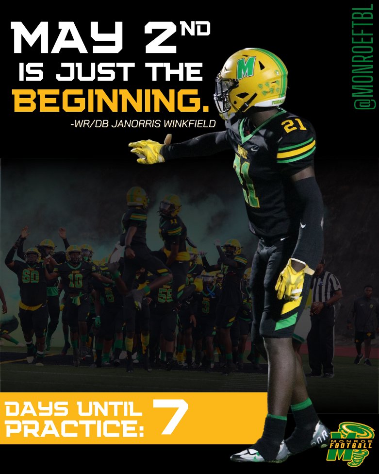 MonroeFTBL's tweet photo. It's about that time. Monroe Football will be back in 7 days!! #ACT #ALLIN #RecruitTheRoe ⚠️🌪 https://t.co/JWfooQQ6Zt