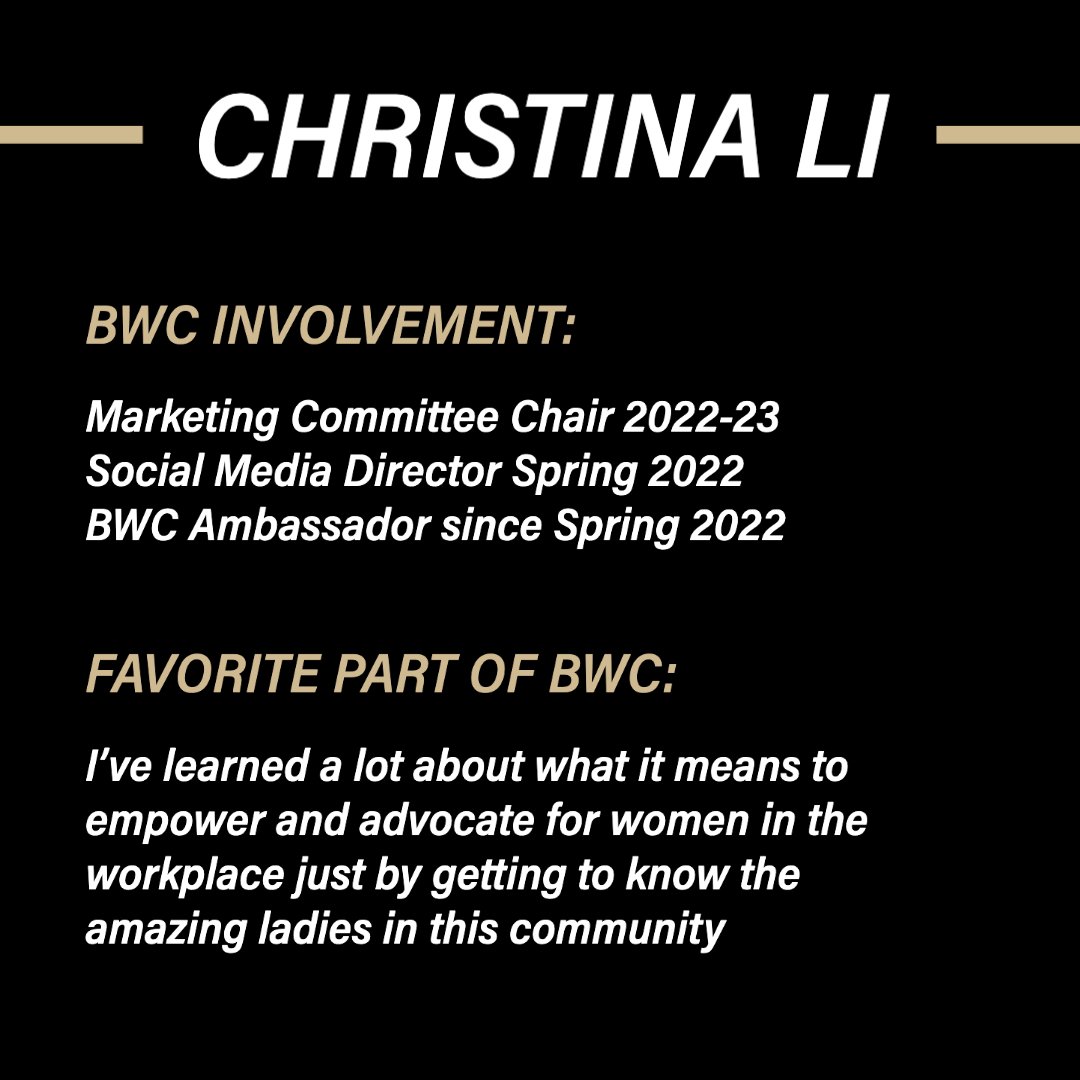 Brock-Wilson Center for Women in Management (@brockwilsonctr) on Twitter photo BWC's second graduating senior highlight features Christina Li, our Marketing Committee Chair! She will graduate with a degree in Marketing and plans to travel throughout Asia before moving to New York and working a remote Digital Marketing role at Repli.
<a href="/PurdueBusiness/">Purdue Daniels School of Business</a> BWC's second graduating senior highlight features Christina Li, our Marketing Committee Chair! She will graduate with a degree in Marketing and plans to travel throughout Asia before moving to New York and working a remote Digital Marketing role at Repli.
<a href="/PurdueBusiness/">Purdue Daniels School of Business</a>