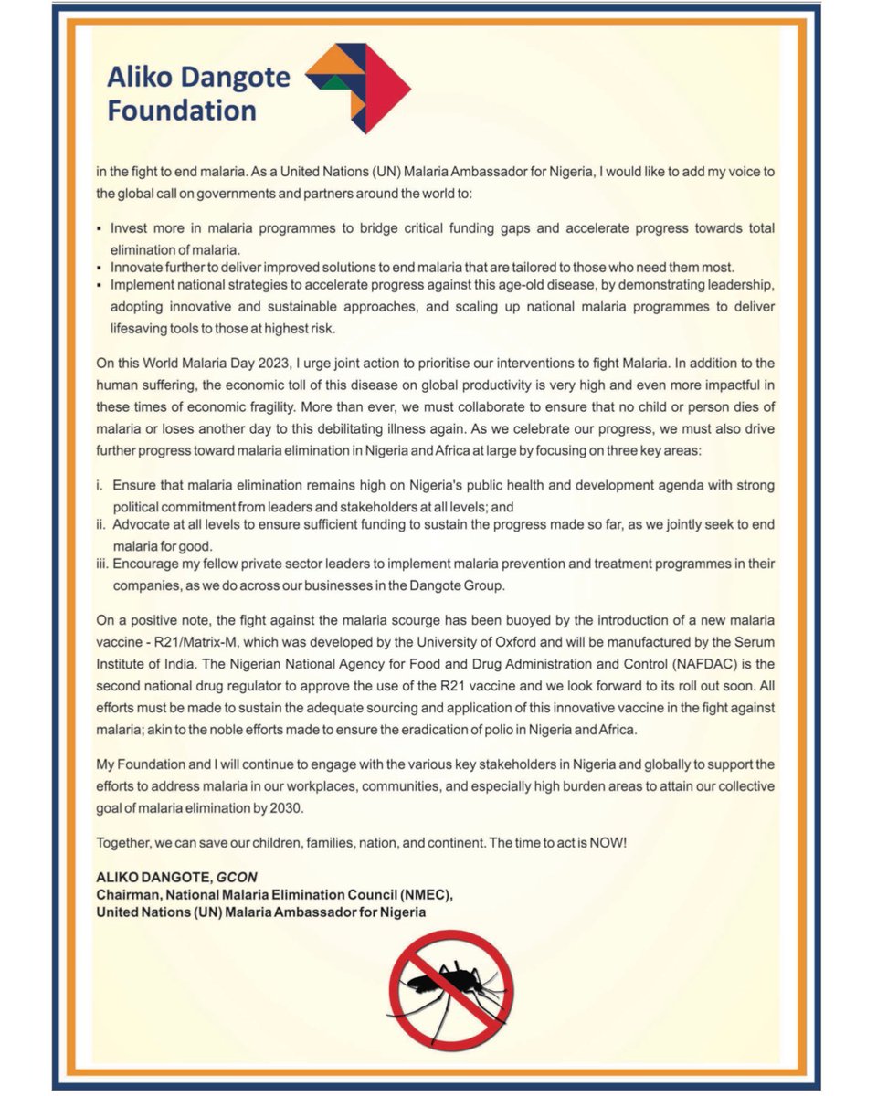 A message from our chairman as we join the world in commemorating #WorldMalariaDay2023