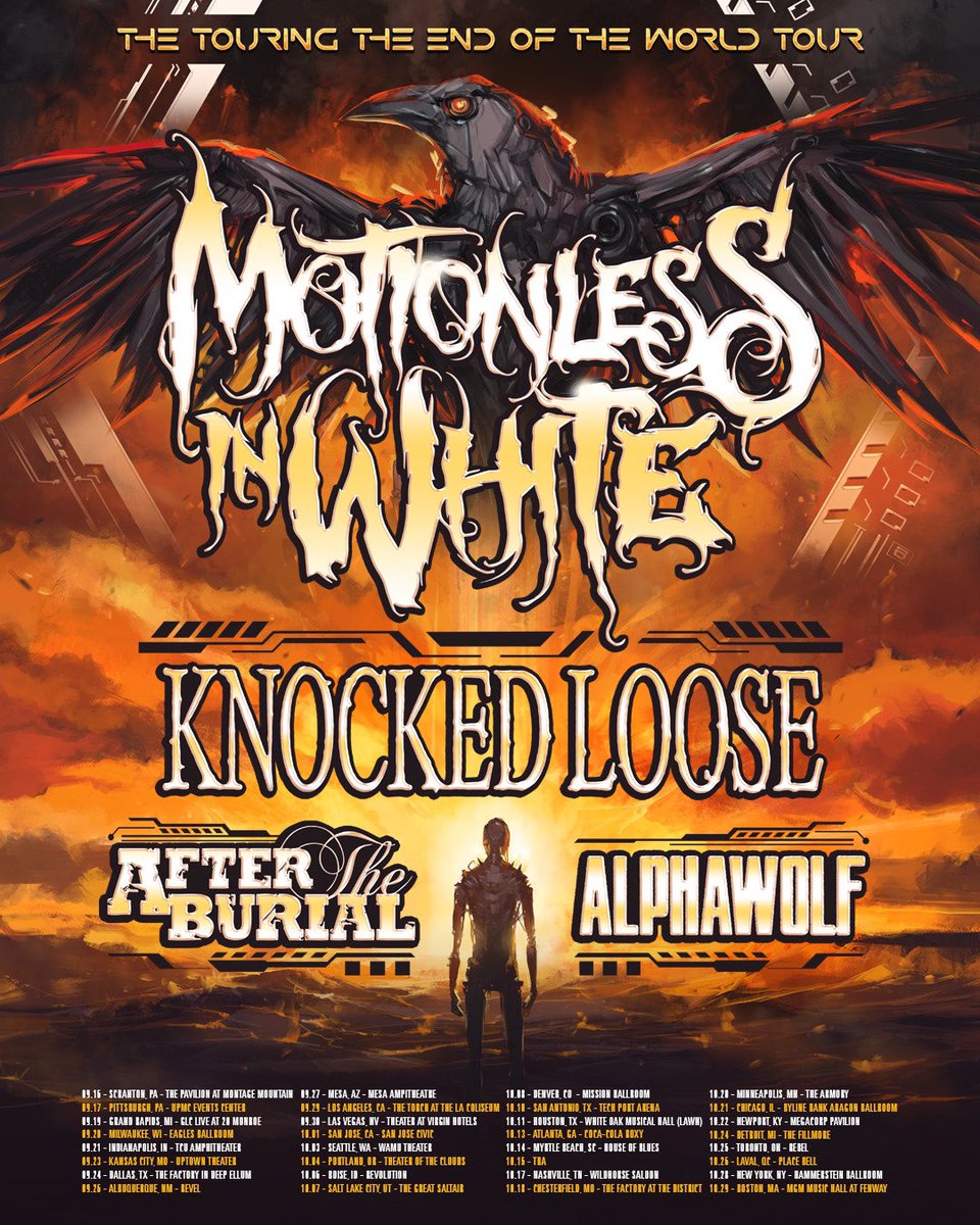 MIWband's tweet photo. The apocalypse is coming this fall. We'll see you in Sept/Oct for The Touring The End Of The World Tour with our friends @knockedloose, @aftertheburial, & @AlphaWolfCVLT.
Pre-sale today at noon ET, general on-sale at 10am local this Friday. Pre-sale link here: https://t.co/YsWBJH7TLF