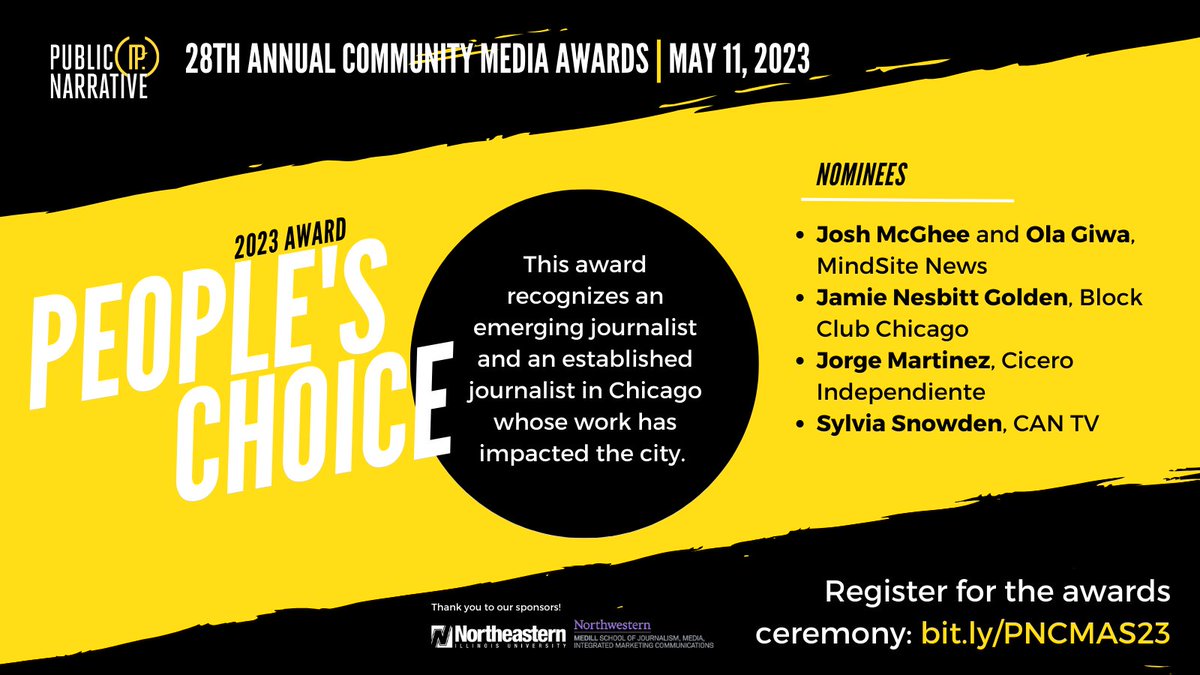 🚨We also are excited to share the finalists for the #CommunityMediaAwards' first-ever People's Choice Award.

The 2023 nominees are:
✨ @TheVoiceofJosh & #OlaGiwa, @mindsitenews 
✨ @TrulySylvia, @cantvchicago
✨ #JorgeMartinez, @CiceroNoticias
✨@thewayoftheid, @BlockClubCHI