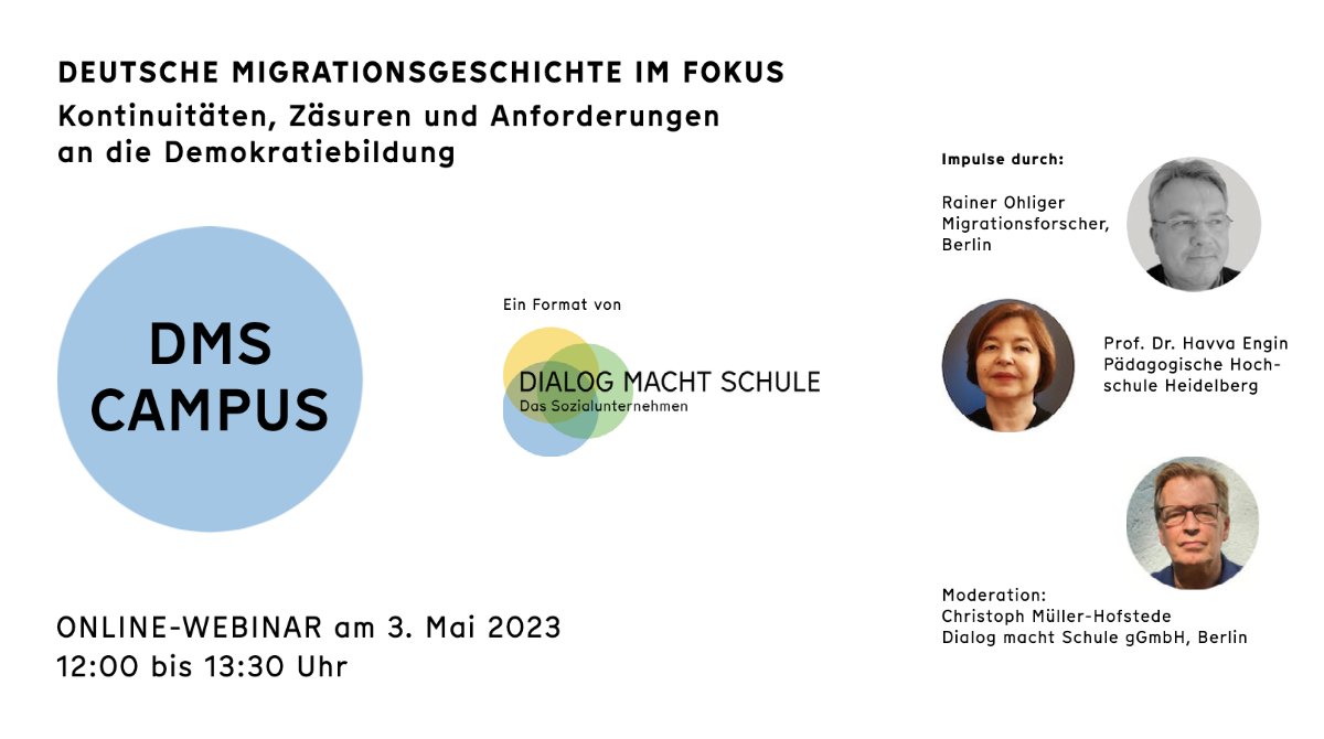 DmSchule's tweet photo. JETZT ANMELDEN: https://t.co/AmMkcOhypl
DMS CAMPUS Webinar
3. Mai 2023, 12.00-13.30:
Deutsche #Migrationsgeschichte im Fokus:
Was können wir aus der deutschen Migrationsgeschichte lernen? Wo steht die Debatte? Was kann #Demokratiebildung in einer pluralen Gesellschaft bewirken? https://t.co/sBv9PguGbk