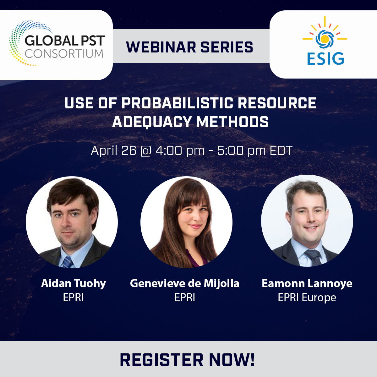 🌎Tomorrow: G-PST/ESIG Webinar Series🌎

"Use of Probabilistic Resource Adequacy Methods"

Featuring: Aidan Tuohy &amp; Genevieve de Mijolla, EPRI; Eamonn Lannoye, EPRI Europe

📅April 26
🕓4:00 p.m. (EDT)

Register: uvig.webex.com/weblink/regist…

cc: <a href="/EPRINews/">EPRI</a>, <a href="/Global_PST/">Global Power System Transformation Consortium</a>