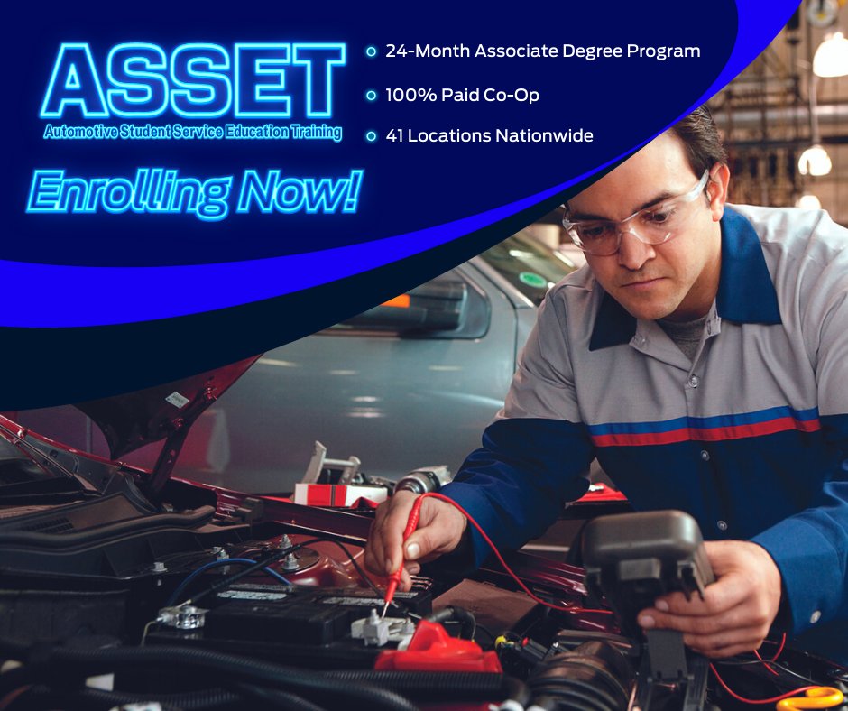 NewFordTech's tweet photo. This is your sign to ENROLL! 🔧📢
ASSET is a 24-month #automotiveprogram where you can earn up to 100% of Ford Service Certifications, learn through a paid co-op, and obtain an Associate's Degree. Ready? #GetYourASSET today ➡ https://t.co/ks9sQrmcjk https://t.co/zvtb9KzETu