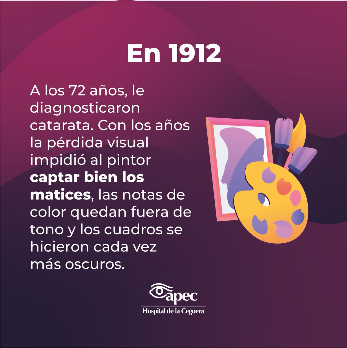 HospitalApec's tweet photo. Claude Monet padeció de catarata en sus últimos años de vida, lo que afectó significativamente su visión y su capacidad para percibir los colores. Se sometió a una cirugía de catarata en su ojo derecho y recuperó su vista.
#NoMásCatarata #APEC #HospitalAPEC https://t.co/30Rir8bcWz
