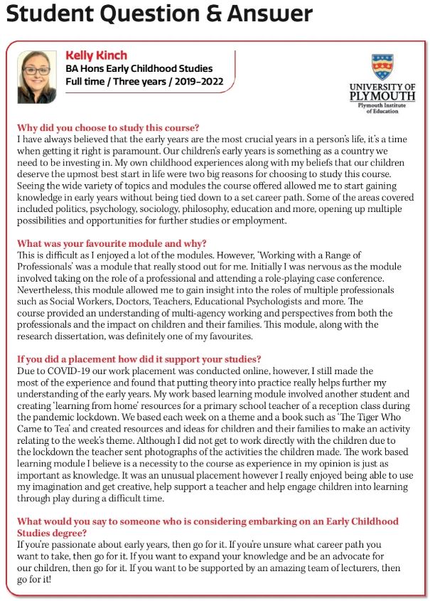 PlymUniIOE's tweet photo. Take a fresh look at Childhood and Study in Britain's ocean city and read what Kelly Kinch (BA Hons Early Childhood Studies) says about her time with us.
@PlymUni @PlymUniIOE @PlymUniApply @ECS_PlymUni @youpickUPIC https://t.co/Hcr0A6cgfj