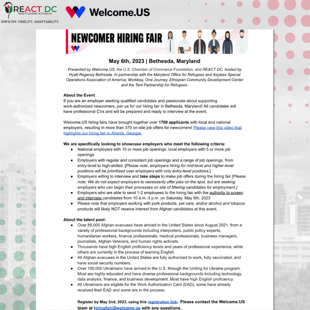 reactdcorg's tweet photo. 📣Join us on May 6th for the #NewcomerHiringFair in the Maryland Metro Area 🎉 Presented by @welcomeus @USCCFoundation and @reactdcorg hosted by @HyattBethesda in partnership with @SOAAorg @WorkBay @1journeyfest @ECDCUS and @TentOrg 

Register now 👉 https://t.co/ruv0YxXes9 https://t.co/T1mfitg4GC