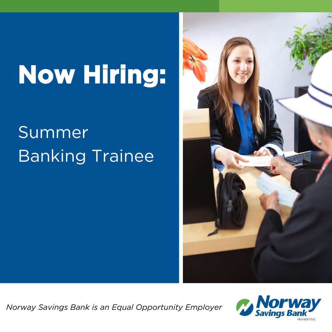 NorwaySavings's tweet photo. Build your knowledge &amp; grow your skills with us! We're hiring Summer Banking Trainees to work in several of our branches to help meet the financial needs of our customers. The time is now to join a great team! https://t.co/JB8HpfnQTT https://t.co/gqs03fmdiw