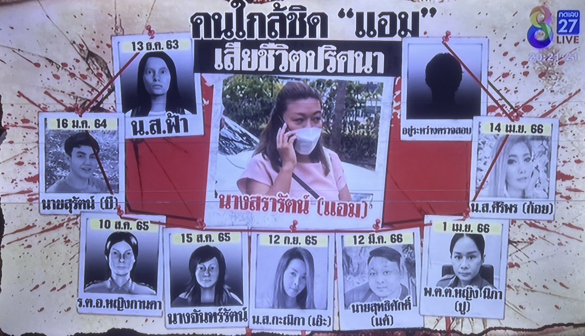 BeautyDiaryNews's tweet photo. โห แกมันช็อคจริงๆนะถ้าเป็นจริงอ่ะ แผนผังคนเสียชีวิต 

13/12/63 kฟ้าไปกินข้าวมันไก่กับแอม
16/1/64บี(เพื่อน)ก่อนตายไปกับแอมกลับมาแล้วเสียชีวิต
15/8/65 kกานดา 
15/8/65kจันทร์รัตน์ก่อนตายไปเจอแอม กลับบ้าน1ชมตาย
12/9/65 kเอ๊ะ นัดเจอแอมและตายในปั้ม
12/3/66kแด้ ไปทำบุญกับแอมพอกลับบ้านตายในห้องน้ำ(เห็นว่าเป็นแฟนแอมและเป็นพ่อเด็กในท้อง)
1/4/66kปู แอมชวนไปทำบุญ สารวัตรนั่งอยู่แล้ววูบลงไป ผญนั่งข้างๆคุยโทรศัพท์ไม่ช่วย 
14/4/66kก้อย ไปปล่อยปลากับแอม แล้ววูบเสียชีวิต แอมไม่ช่วยแถมเอาโทรศัพท์ไปอีก 

#แอม #ฆาตกรต่อเนื่อง #ลุยชนข่าว