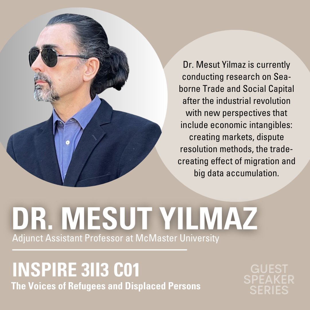 MacIntersession's tweet photo. Meet Dr. Mesut Yilmaz! (@Mac_History). He will be a guest speaker in INSPIRE 3II3 C01. Dr. Yilmaz is currently conducting research on Sea-borne Trade &amp; Social Capital, including the trade-creating effect of migration. 

INSPIRE 3II3 C01 is a virtual offering. Enrol by May 8. https://t.co/vuGWY3SFS2