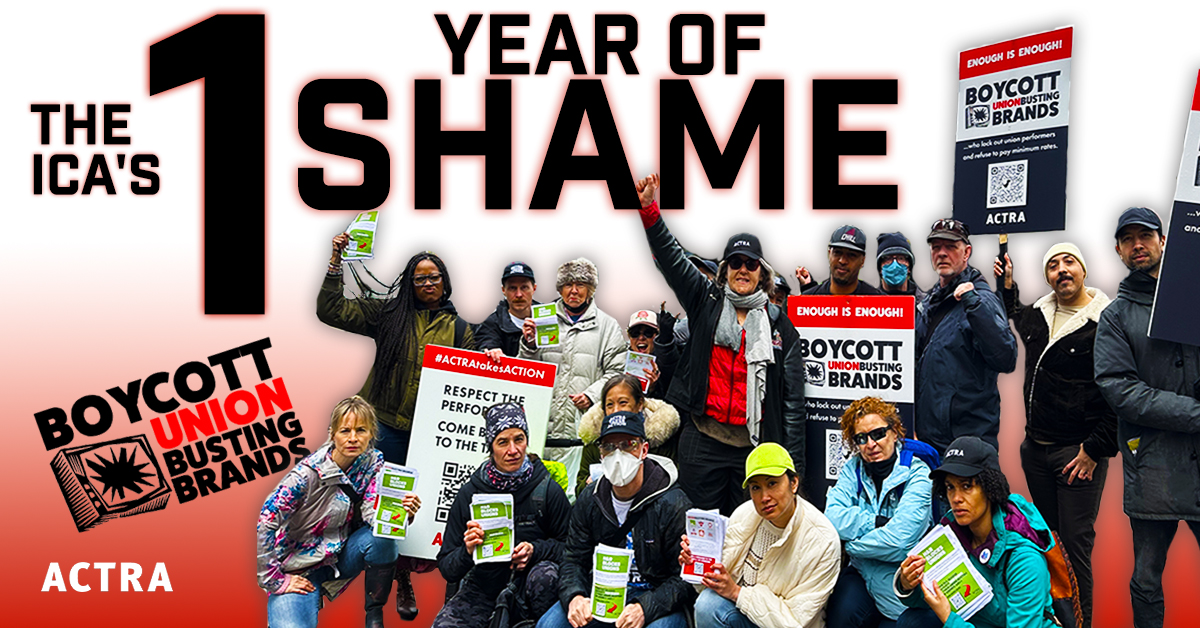 ACTRAnational's tweet photo. NEWS RELEASE: Tomorrow marks 1 year anniversary of shameful lockout of #ACTRA performers by @ICACanada! @CanadianLabour workers join #boycott of #UnionBustingBrands: @HRBlockCanada @Rogers @Wendys @CanadianTire @home_hardware @SleepCountryCan
https://t.co/me8LBWASEs
#canlab https://t.co/xmYlhsDZyN