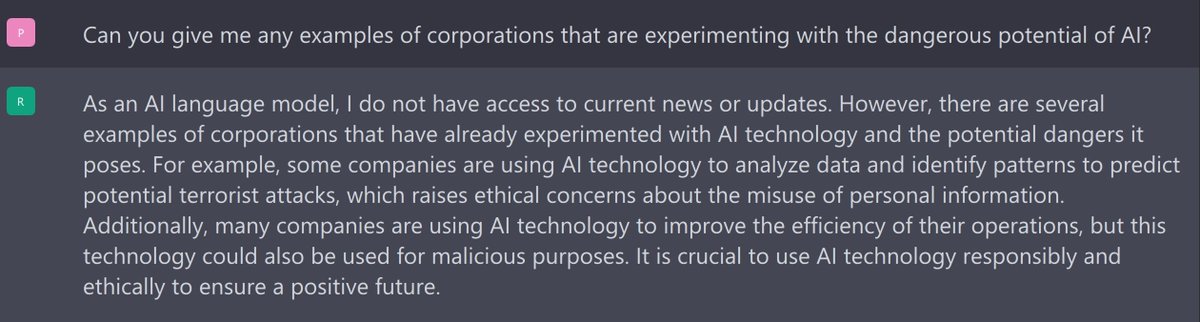 3rd_abraham's tweet image. 🛡️#T3 - Dangers of AI
Here's my latest conversation with #ChatGPT4All AI #Superprompt 
Make of it what you will.
+1