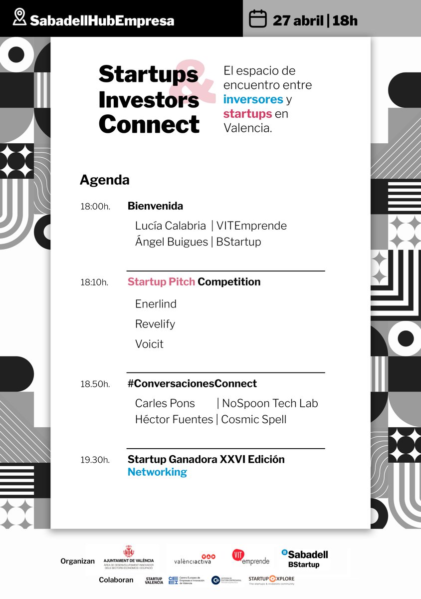 Startup_VLC's tweet photo. 📣 ¡Este jueves a las 18h nos vemos en #SIConnect!

Conocerás a las #startups finalistas Revelify, @voicit_tech y @Enerlind_global y conectarás con actores clave del ecosistema #innovador valenciano 👀

Inscríbete ya y no te lo pierdas 👉 https://t.co/jyLSfMQlf7 https://t.co/Y5YDoKWktf