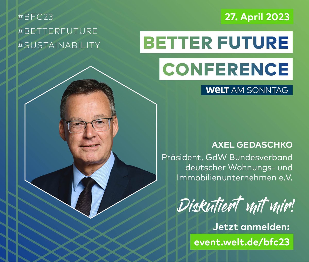 GdWWohnen's tweet photo. !Save the date!

Better Future Conference Sustainability 2023

Am 27. April in der Paneldiskussion diskutiert #GdW-Präsident Axel Gedaschko mit über das Thema „Wie machen wir unsere #Wohnhäuser fit für die #CO2-neutrale Zukunft?“ #bfc23

Anmeldung unter
⬇️
https://t.co/7gJkayyaq9 https://t.co/BqFEeKILUy