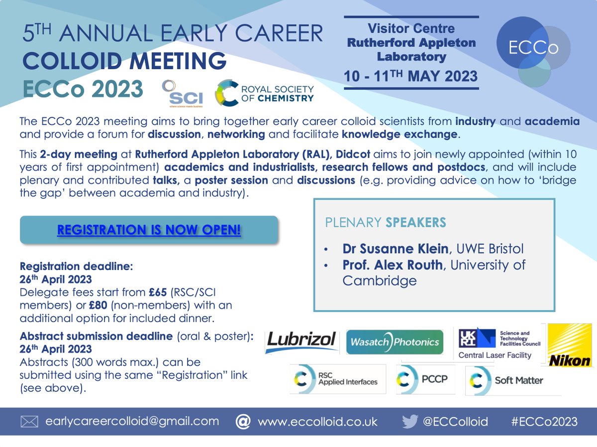 ECColloid's tweet photo. Don't miss this!! One day left to submit your abstract and register for #ECCo2023 in May!!  

The #deadline for abstract (oral/poster) submission and registration is #tomorrow 26th April! https://t.co/XnPJN3A7iE