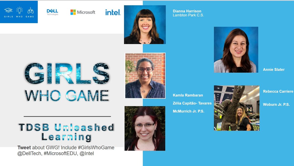 Excited to co-present with this incredible team on the amazing #GirlsWhoGame program at the #TDSBUnleashingLearning Conference. <a href="/KatPapulkas/">Katina</a> <a href="/griffingirl23/">rebecca carriere</a> <a href="/kamla_sharbear/">Kamla Rambaran</a> <a href="/ZeliaMCT/">Zélia</a> @Mrs_Harrison307
Join us for Session 1 in Rm 206B
#tdsbUL23 <a href="/DellTech/">Dell Technologies</a> <a href="/MicrosoftEDU/">Microsoft Education</a> <a href="/intel/">Intel</a>