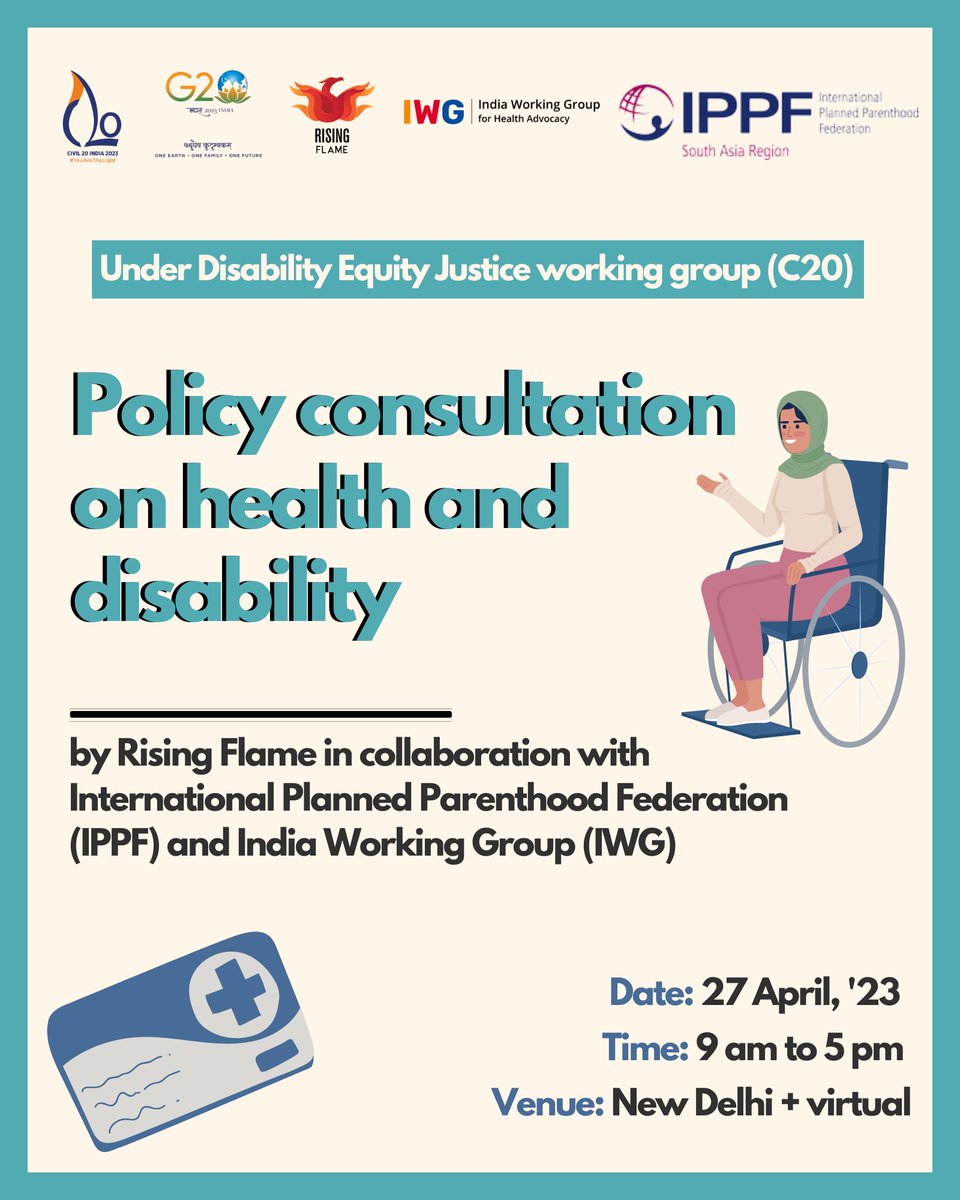 RisingFlameNow's tweet photo. [REGISTER NOW] Are you interested to improve #health access &amp; infrastructure for persons with disabilities? 🔥 #DisabilityC20India

Join the first #policy consultation taking place under #Civil20's newest working group: #DisabilityEquityJustice! ✊🏾

RSVP: https://t.co/4VYlNW2Bn0 https://t.co/p1Xgd9otyh