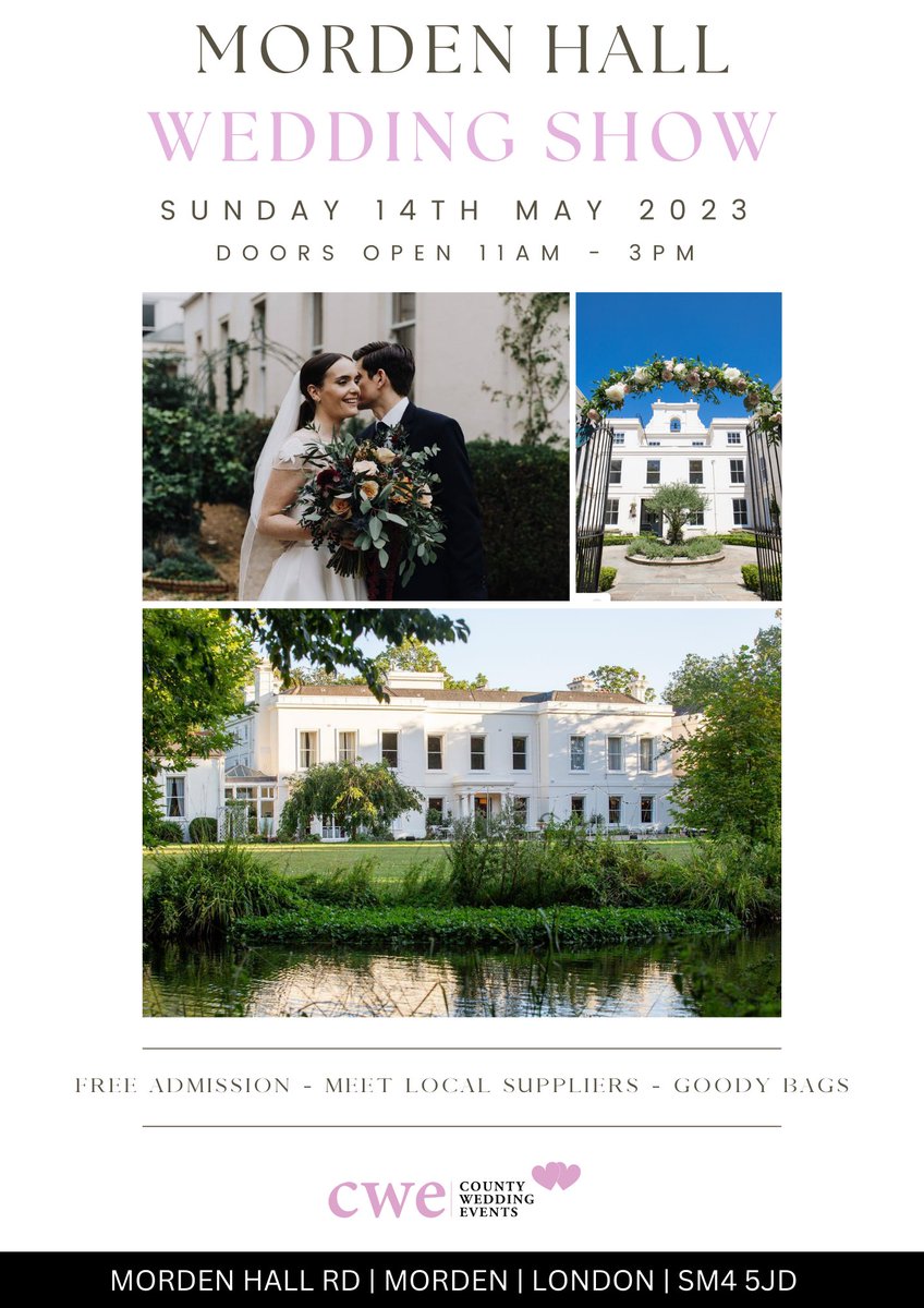 Join us &amp; <a href="/CountyWedEvent/">CountyWeddingEvents</a> for our next Wedding Show. Chat to the team &amp; local suppliers about your perfect wedding with us!

📅14th May 11am-3pm

Free admission &amp; parking + goody bags for all engaged couples 

Register:
countyweddingevents.com/morden-hall-sp…