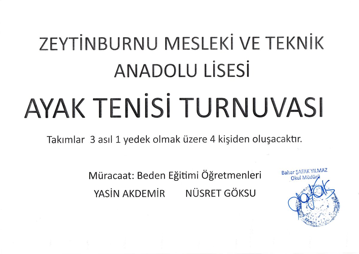 19 Mayıs Gençlik ve Spor Bayramı etkinlikleri kapsamında Sınıflar arası futbol , ayak tenisi ve masa tenisi turnuvalarımıza başvurular başladı. <a href="/zeytinburnumem/">Zeytinburnu İlçe Millî Eğitim Müdürlüğü</a> <a href="/Aliyesilyrt/">Ali YEŞİLYURT</a> @ErCCanTURAN