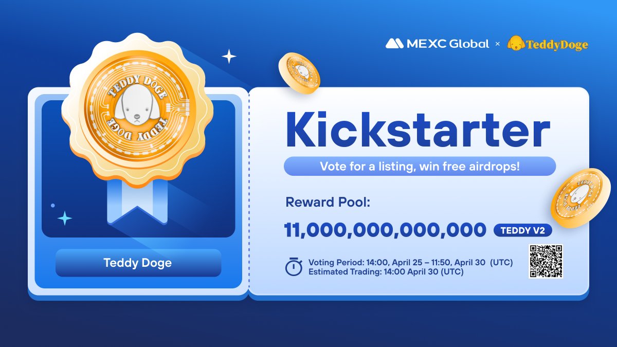 MEXC (@mexc_official) on Twitter photo The <a href="/TeddyDogeV2/">Teddy Doge V2</a> Kickstarter is coming to #MEXC!
🗳️Vote with $MX to support the $TEDDY V2 listing and to share 11,000,000,000,000 $TEDDY V2 airdrops
⏰Voting period: 14:00 Apr 25 - 11:50 Apr 30 (UTC)
📈Trading: 14:00 Apr 30 (UTC)
Details: bit.ly/3oFk2VI The <a href="/TeddyDogeV2/">Teddy Doge V2</a> Kickstarter is coming to #MEXC!
🗳️Vote with $MX to support the $TEDDY V2 listing and to share 11,000,000,000,000 $TEDDY V2 airdrops
⏰Voting period: 14:00 Apr 25 - 11:50 Apr 30 (UTC)
📈Trading: 14:00 Apr 30 (UTC)
Details: bit.ly/3oFk2VI