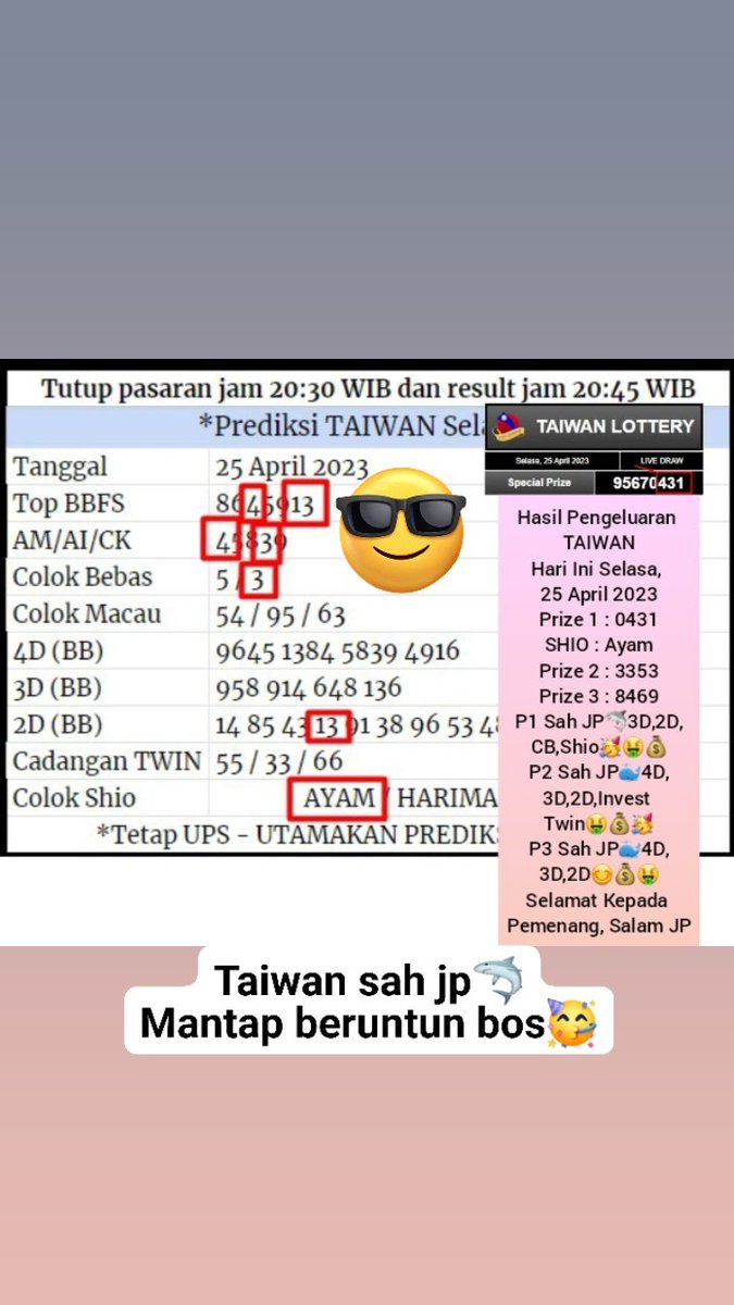 Masterdemian88's tweet photo. Result Taiwan, Selasa 25 April 2023 

Selamat Untuk yang Berhasil JP &amp; Bagi yang Belum JP, Semoga Beruntung di Periode Berikutnya ! 

Info Result dan Prediksi Setiap Hari WA 081224902638 

#inforesult #hasilresult #LISA #BamBam #swatblast #Yash19 #เฌอเอม #AMYGDALA_MV #Taiwan https://t.co/YMkOrJBKE0