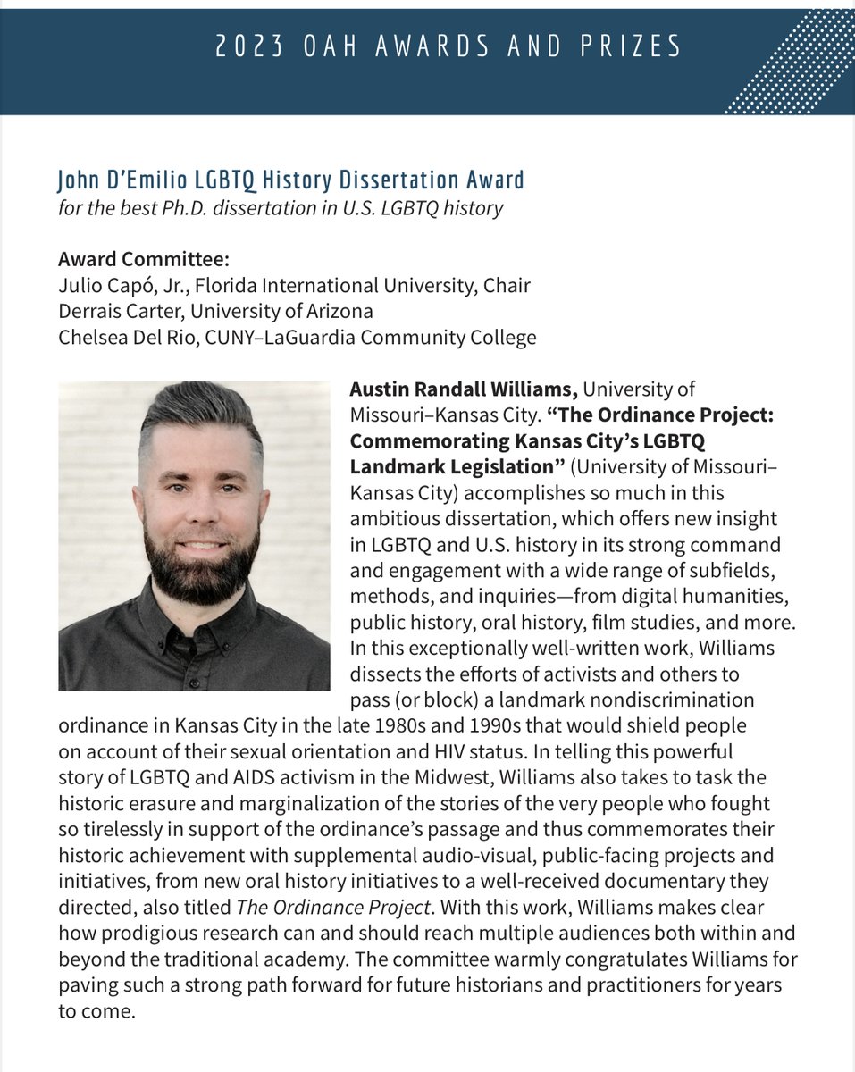 We are very proud to announce that Dr. Austin Williams won this year’s John D’Emilio LGBTQ History Dissertation Award from the Organization of American Historians!
