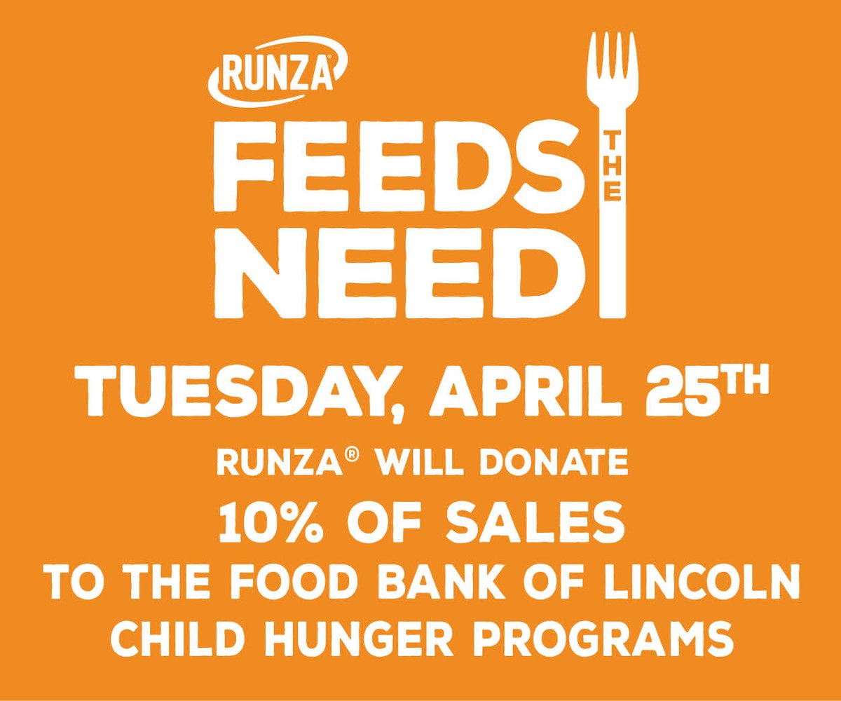 When you grab a meal (or two!) at @Runza TODAY, a portion of the proceeds will be donated to support Child Hunger Programs. So whether you prefer fries or Frings, a cheese Runza or cheeseburger, dessert or a salad, it ALL helps support kiddos in our community. #FeedtheNeed