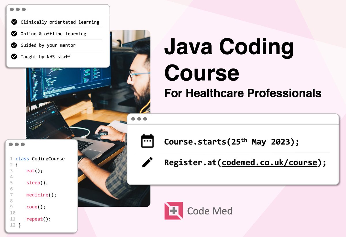 The <a href="/Code_Med_/">Code Med</a> coding course starts in just 1 month!

The course is designed specifically for healthcare staff &amp; students

Don't miss out - over half our spots are taken, with only 8 left😮.  . 

Find out more &amp; register your interest at: codemed.co.uk/course/

#medtwitter