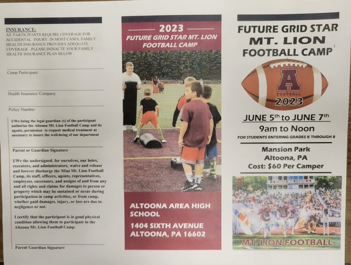 NedimyerVince's tweet photo. It's that time of year again!!  Altoona Football Future Grid Star Camp! June 5th, 6th, and 7th at Mansion Park from 9am to 12. Cost is $60.  Register now!! Questions? Contact Coach Nedimyer at vnedimyer@altoonasd.com or call 814-946-8287.  Camp is open to all school districts. https://t.co/ZbEdk0B7C5