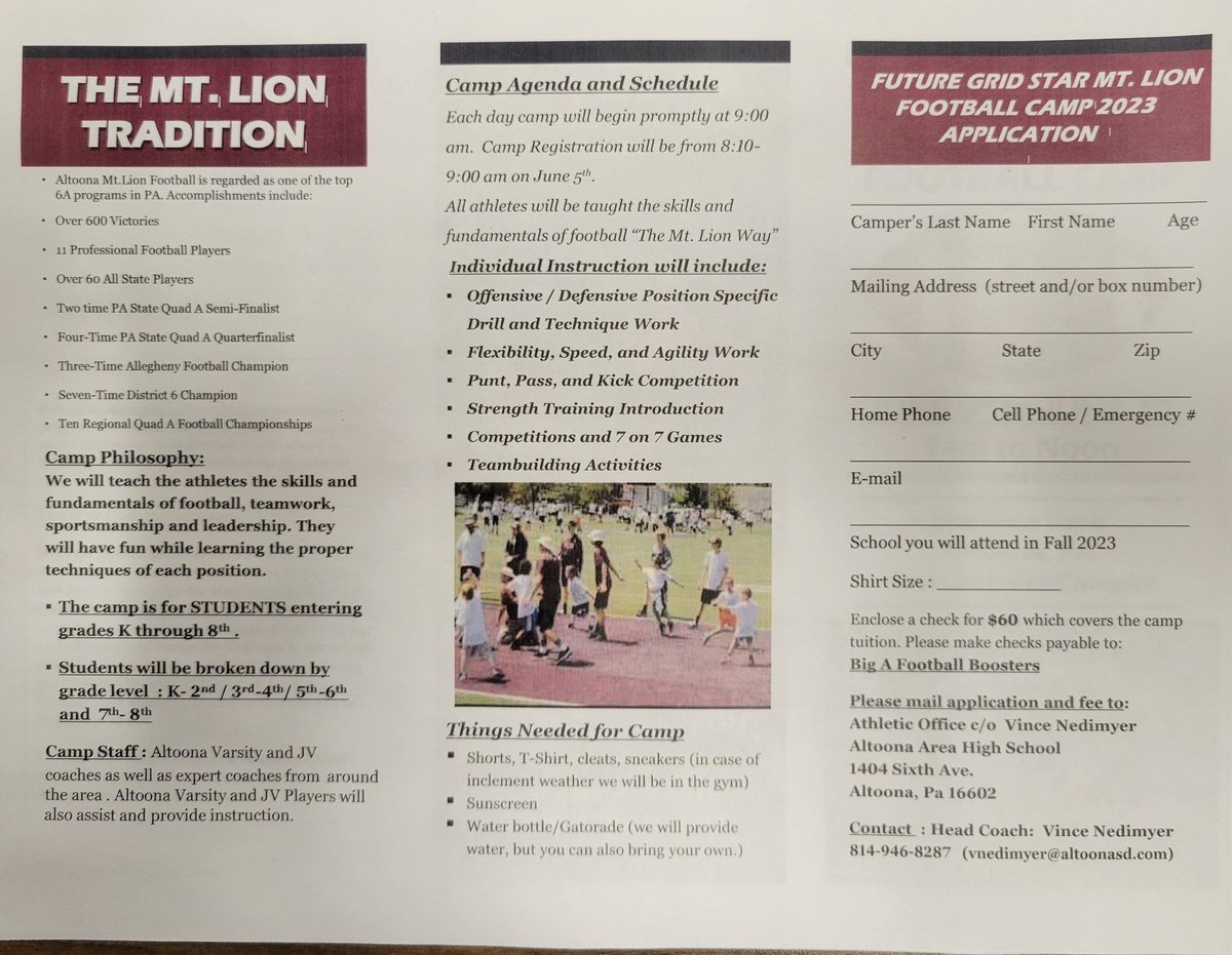 NedimyerVince's tweet photo. It's that time of year again!!  Altoona Football Future Grid Star Camp! June 5th, 6th, and 7th at Mansion Park from 9am to 12. Cost is $60.  Register now!! Questions? Contact Coach Nedimyer at vnedimyer@altoonasd.com or call 814-946-8287.  Camp is open to all school districts. https://t.co/ZbEdk0B7C5