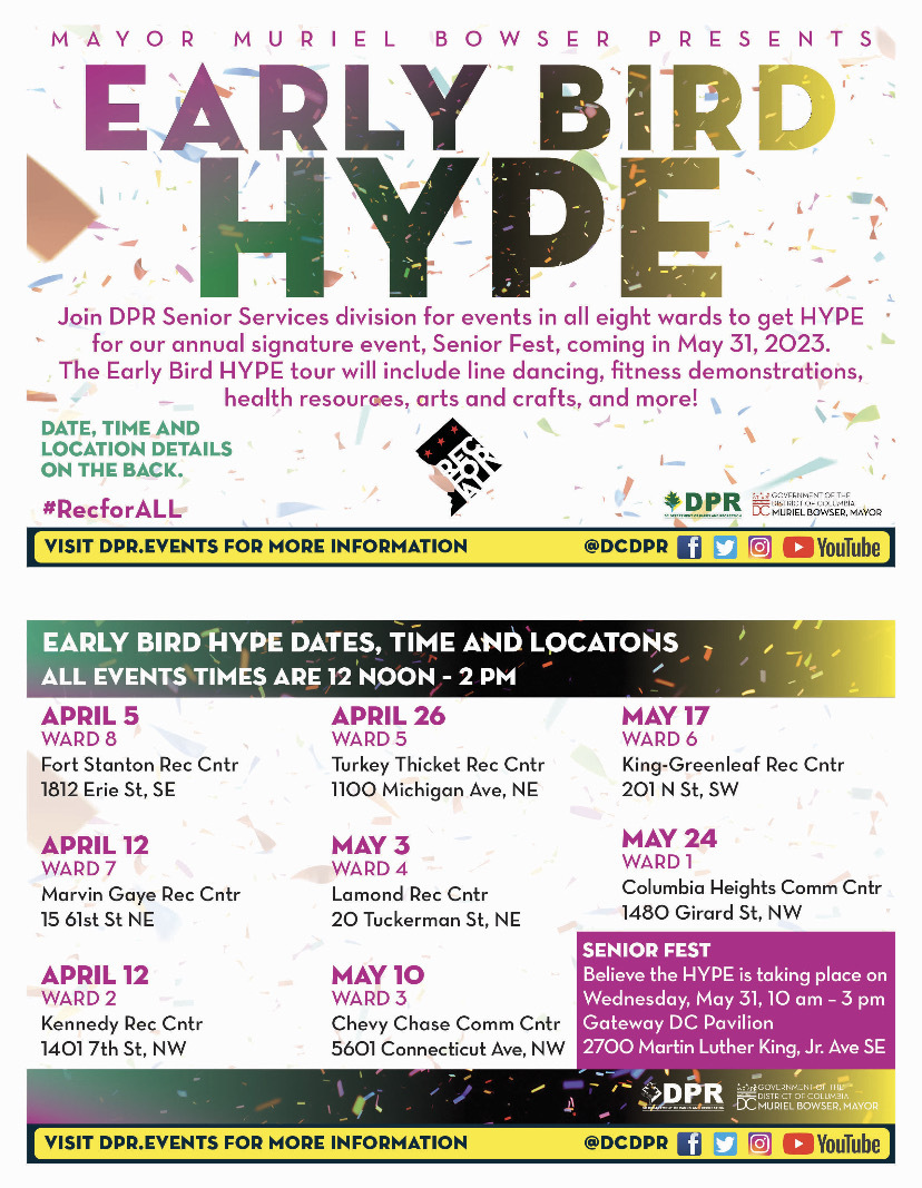 The Early Bird HYPE tour is bringing line dancing, fitness demonstrations, arts and crafts, and other activities to our seniors in all 8 wards. 🎨👟

Learn more ➡️ DPR.events

#RecforALL