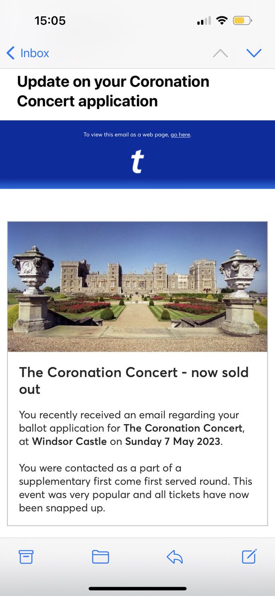 vivacitycomms's tweet photo. Wait, what? It was a BALLOT! How can I be successful in a ballot for tickets then the tickets be sold out? @Ticketmaster @RoyalFamily @bbc I’ve (unsuccessfully) entered every single royal concert ballot over the years so was really excited about this 😭💔 #CoronationConcert https://t.co/ohjLv4YVU5