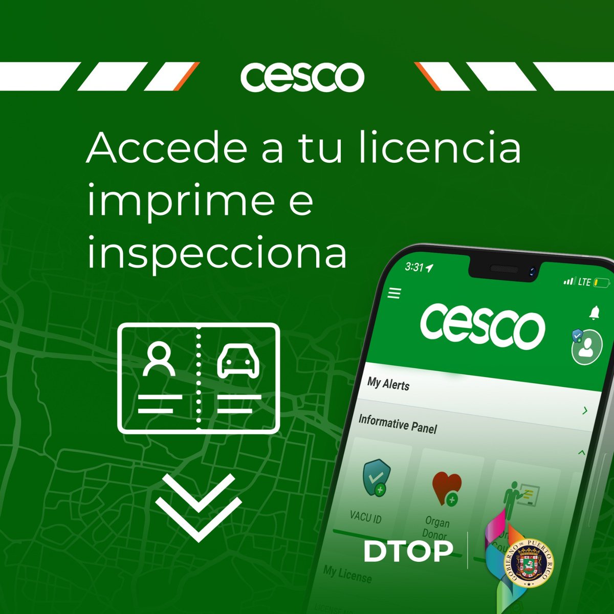DTOP's tweet photo. Conductor se acerca el fin de mes, renueva tu #marbete a tiempo .
Recuerda que puedes obtener la licencia de tu vehículo, a través de la aplicación #CESCODigital
@lafortalezadepr @prsecdtop @actprgov @GovPierluisi @DronChinita @skytrafficpr https://t.co/E0qP8QwKFC