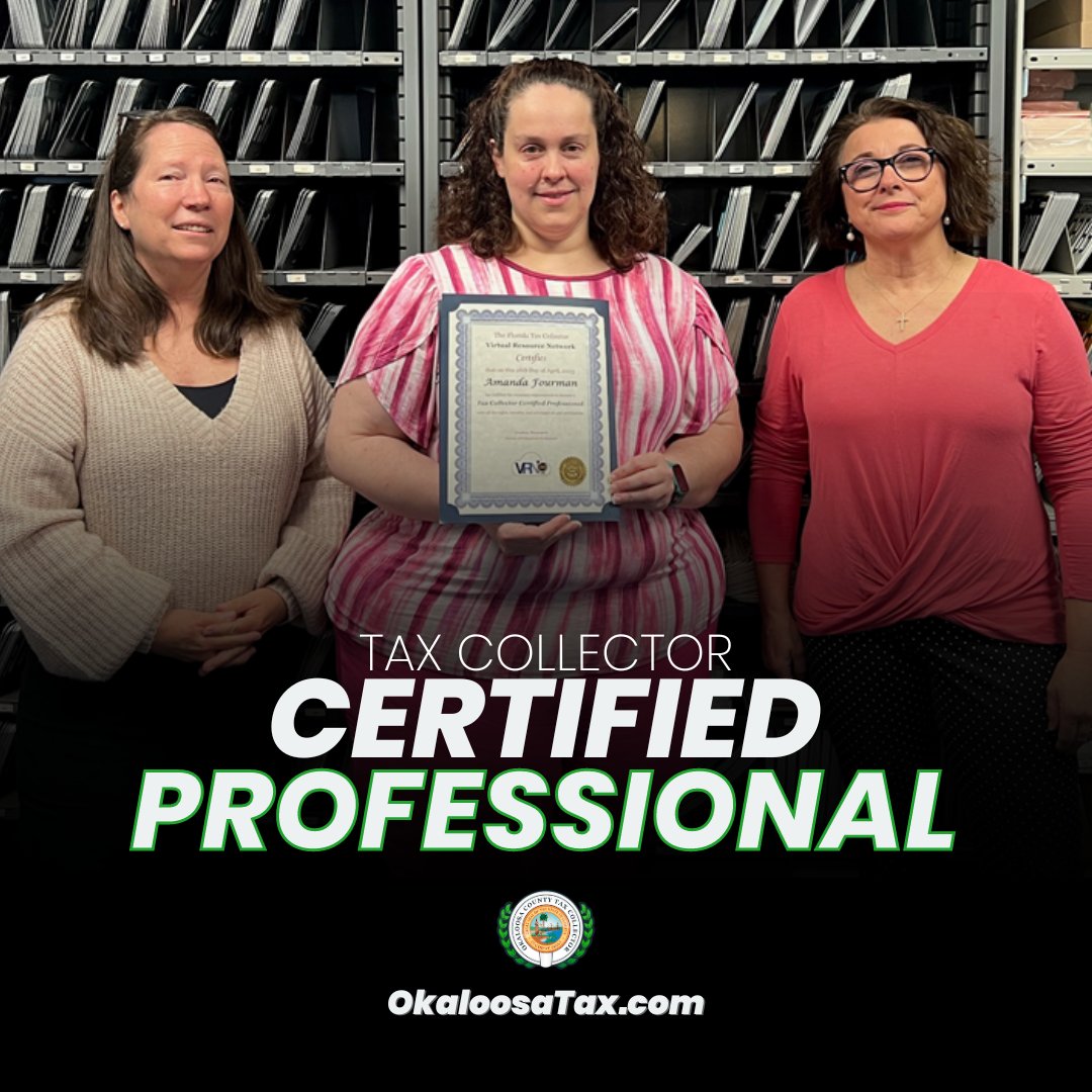 OkaloosaTax's tweet photo. Please join us in congratulating Amanda as our newest Tax Collector Certified Professional (TCCP)! This designation is a culmination of classroom training and on-the-job experience and is received by completing an instructor-led and self-study professional education program. https://t.co/7LLUVIqjdm