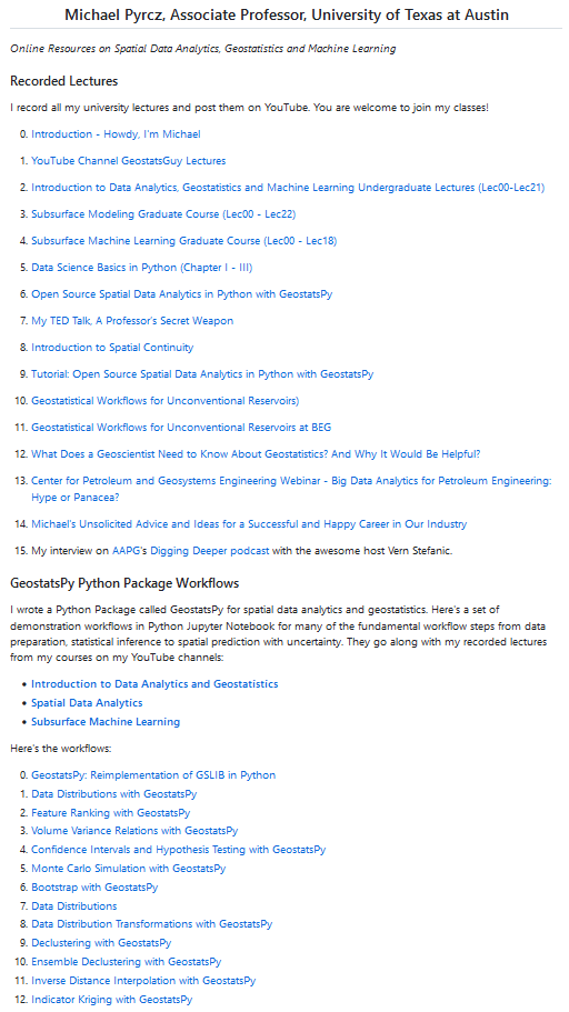 GeostatsGuy's tweet photo. I'm Michael Pyrcz, a professor at The University of Texas at Austin, and I share all of my university educational content with the the world to remove barriers to education.

100s of well-documented workflows & interactive demos linked to #YouTube lectures on #DataScience, #spatial #DataAnalytics  & #MachineLearning!

My inventory with links available on #github @ https://t.co/jHBwJck3kk ∀.