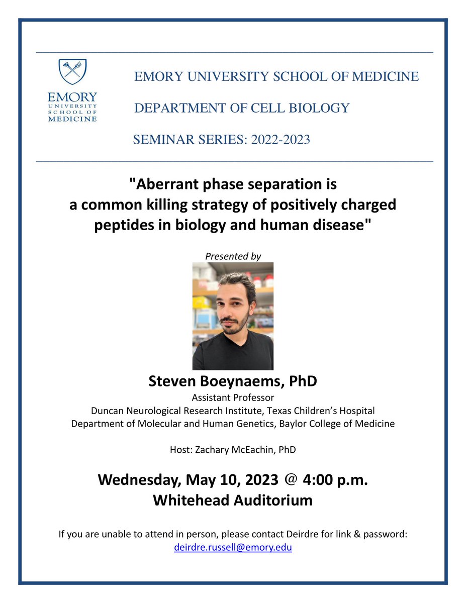 Upcoming exciting seminar on #phaseseparation 🫧<a href="/EmoryUniversity/">Emory University</a> by @BoeynaemsSteven <a href="/bcmhouston/">BCMHouston</a>. Hosted by Z. McEachin (twitterless?), Dept. of cell biology <a href="/EmoryMedicine/">Emory School of Medicine</a>.