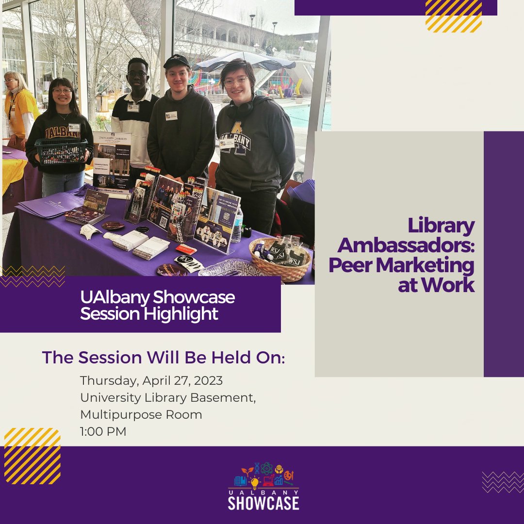 UAlbanyLibs's tweet photo. UAlbany Showcase Session Highlight - Library Ambassadors: Peer Marketing at Work

Thursday, April 27, 2023
University Library Basement, Multipurpose Room (LI-0003)
1:00 pm

#ualbanyshowcase #UAlbany #UAlbanyLibraries #LibraryAmbassadors #peermarketing https://t.co/R8AwgjKmnL