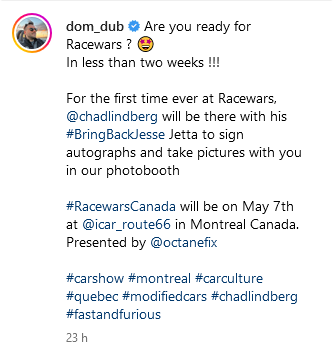 DianaLeeLxix's tweet image. 🧵1/2

#Reposted From @dom_dubreuil's IG:

"Are you ready for Racewars?🤩
In less than two weeks !!! For the first time ever at Racewars, @ChadLindberg  will be there with his #BringBackJesse Jetta to sign autographs and....on May 7th..."

Whole post @:
🔗instagram.com/p/CrbHAaGO2jy/