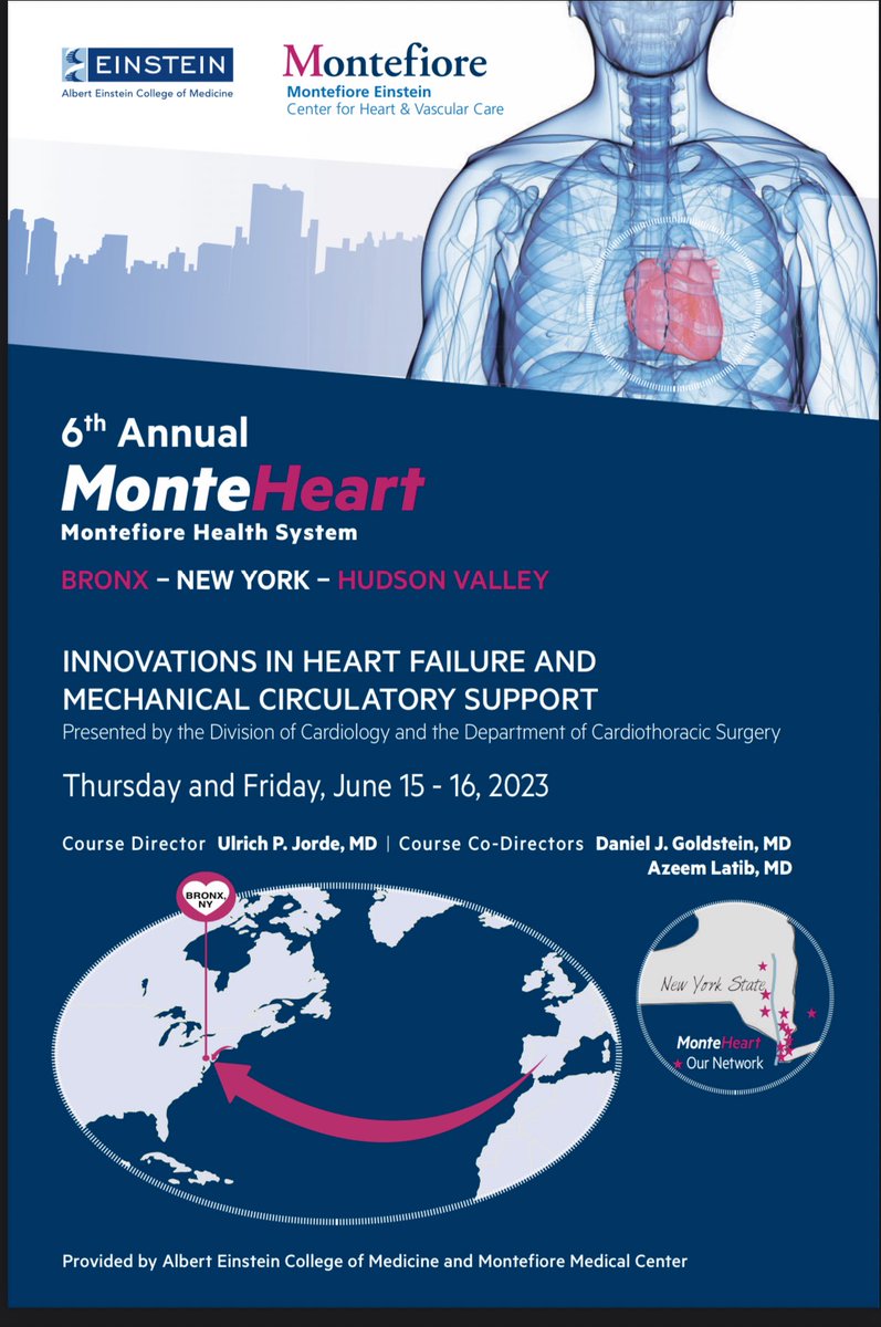 6th Annual @MonteHeart showcasing innovations in 🫀Heart Failure and MCS, June 15-16! Directed by @UlrichJordeMD , Dr. Daniel Goldstein, and @azeemlatib . ⭐️⭐️Register for in-person or virtual attendance eeds.com/portal_live_ev… ⭐️⭐️Full brochure here eedsfiles.com/Conference_Fil…