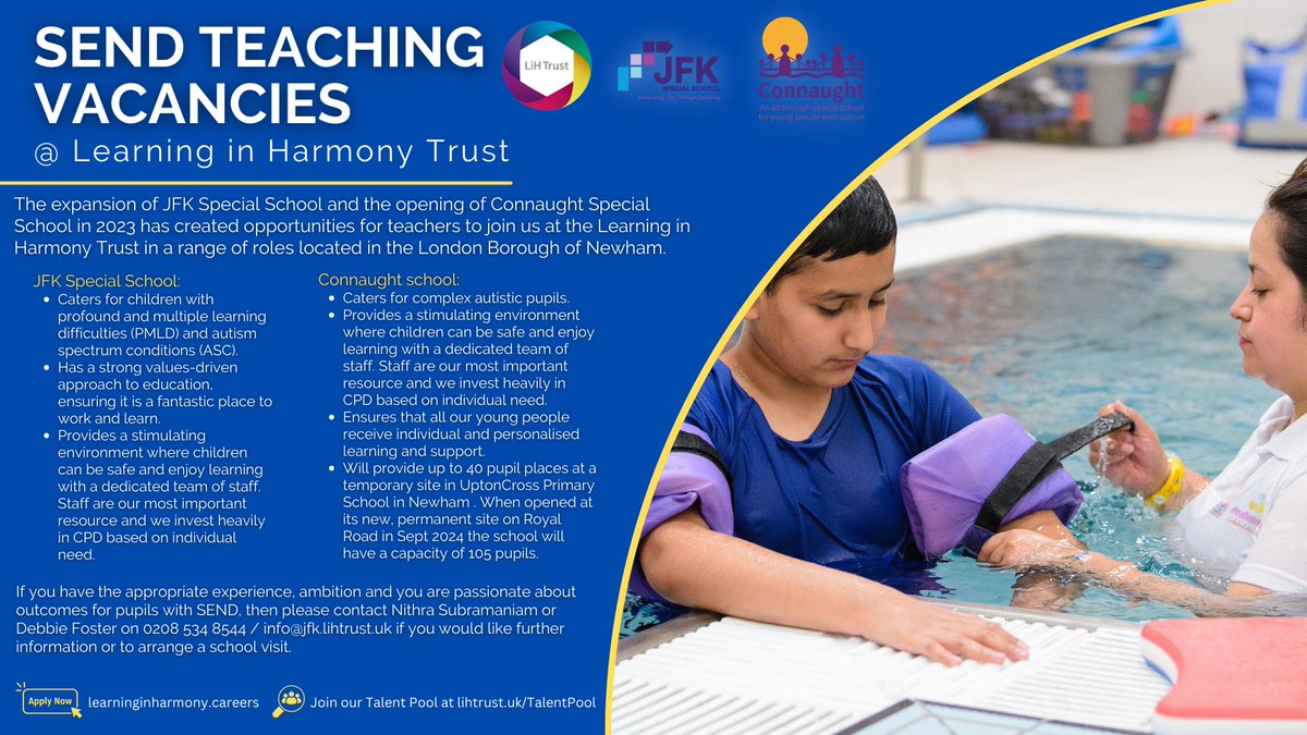 lihtrust's tweet photo. The growth of our SEND provision in #Newham has created exciting opportunities for Teachers with experience in ASC or SLD/PMLD to join us at
@JfkSend &amp; @Connaughtsend. Find out more about these roles and apply at https://t.co/SuHzBLTTvE #Newham #SEND #Teaching #SEN #teachingjobs https://t.co/5oYvRMHxvr